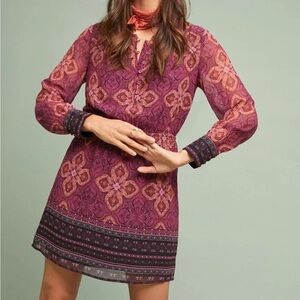 Maeve Anthropologie Maroon Paisley Chiffon Sheath Geometric Dress